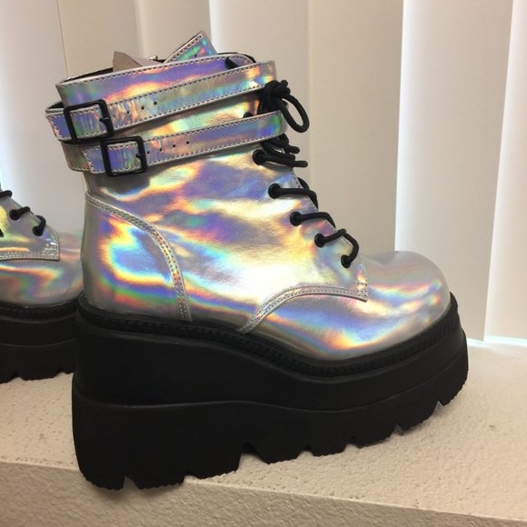 Demonia Silver Holographic Platform Boots - Picture 7 of 13